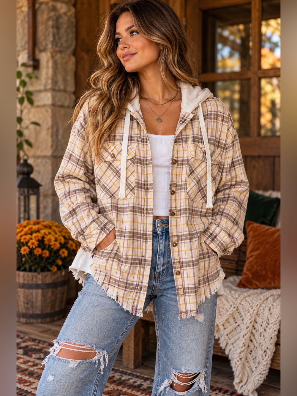 BKE Plaid Hooded Utility Jacket in Cream & Brown